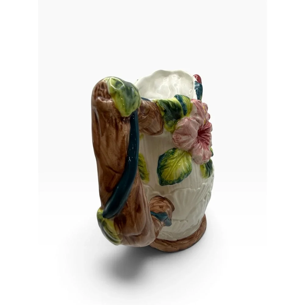 Vintage Hummingbird and Hibiscus Ceramic Pitcher Hand Painted 3D Floral Vase
